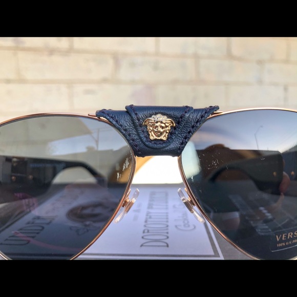 Black and Gold Versace Leather Aviator Sunglasses - Picture 2 of 4